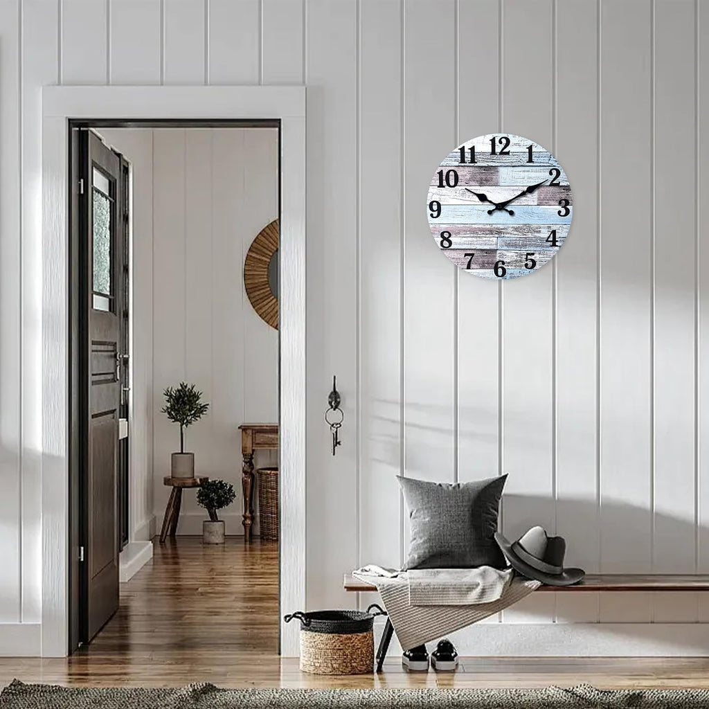 Xnm Blue Wood Wall Clocks Battery Operated 12 Inch | Farmhouse Wall Clocks For Living Room Bedroom Kitchen Office Decor Analog Rustic Wall Clock Silent (Mdf No Solid Wood)