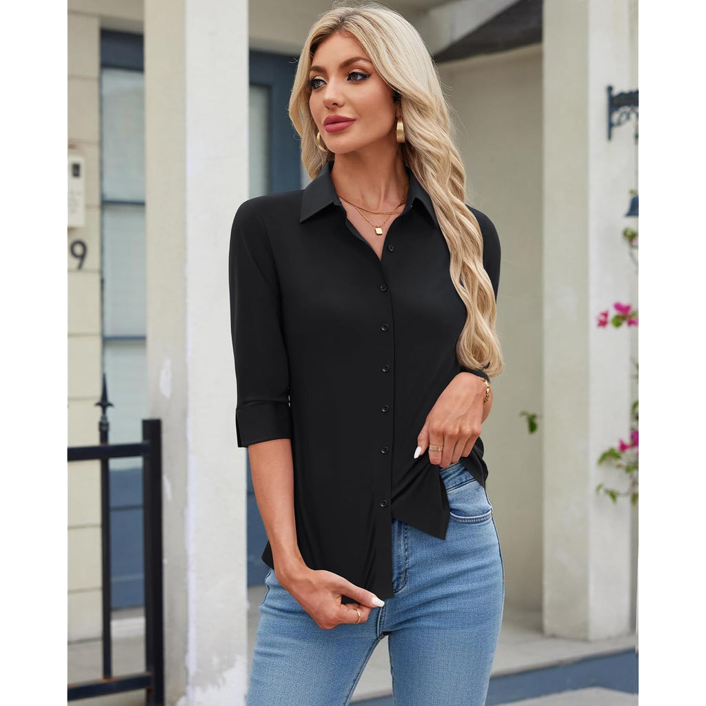 Siliteelon Button Down Shirts For Women 3/4 Sleeve Stretch Wrinkle Free Collared Dress Shirt Business Casual Tops Work Blouse