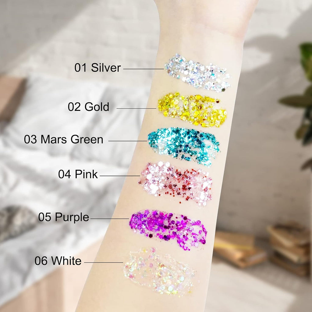 Body Glitter Gel, 6 Colors Body Face Glitter Gel Set For Skin & Hair, Shimmer Liquid Eyeshadow Festival Glitter Makeup, Sparkles Rave Accessories For Holiday, Concerts, Party, Mermaid Series Set