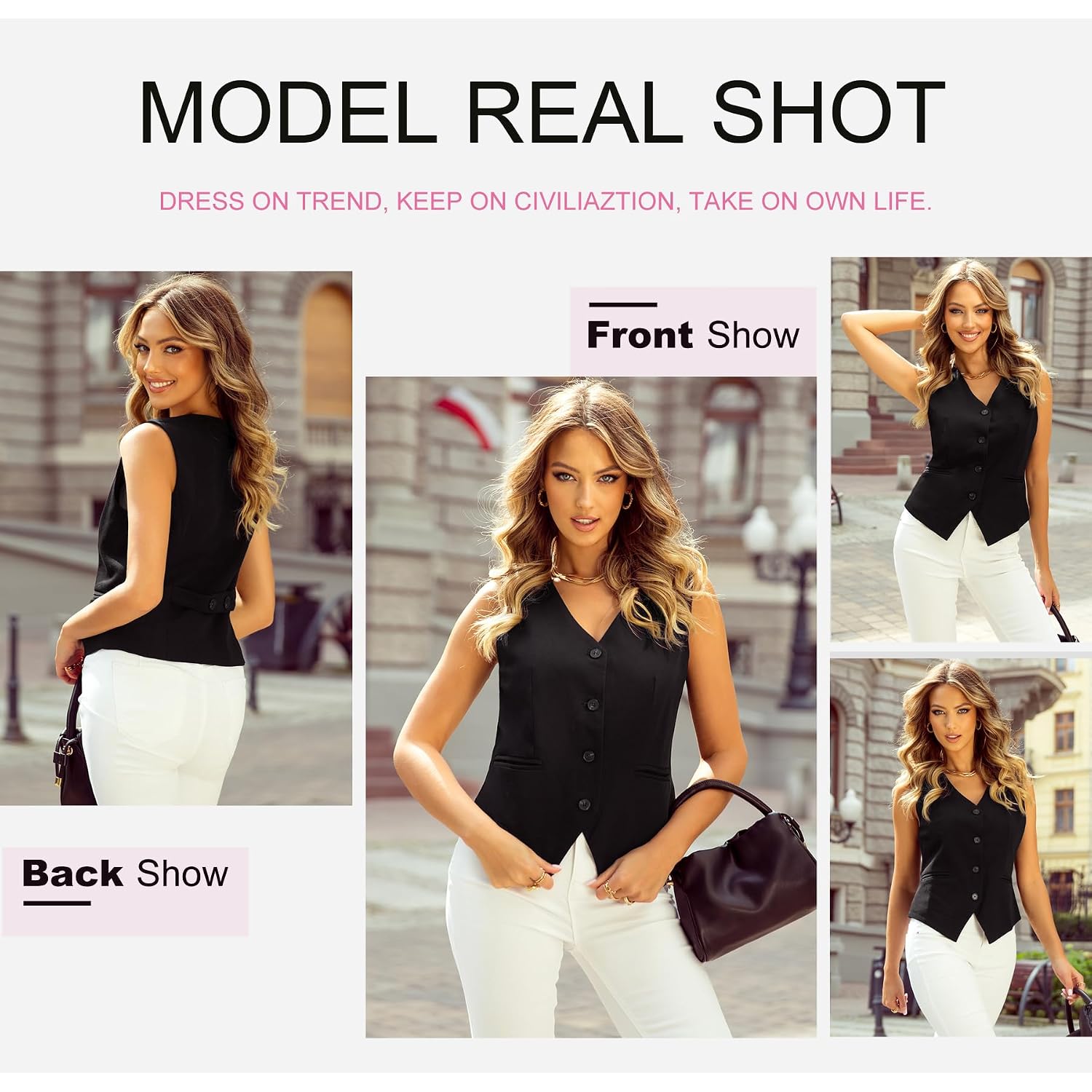 Dokotoo Womens Vest Dressy Casual V-Neck Button-Down Lined Suit Jacket Waistcoat Versatile Vests