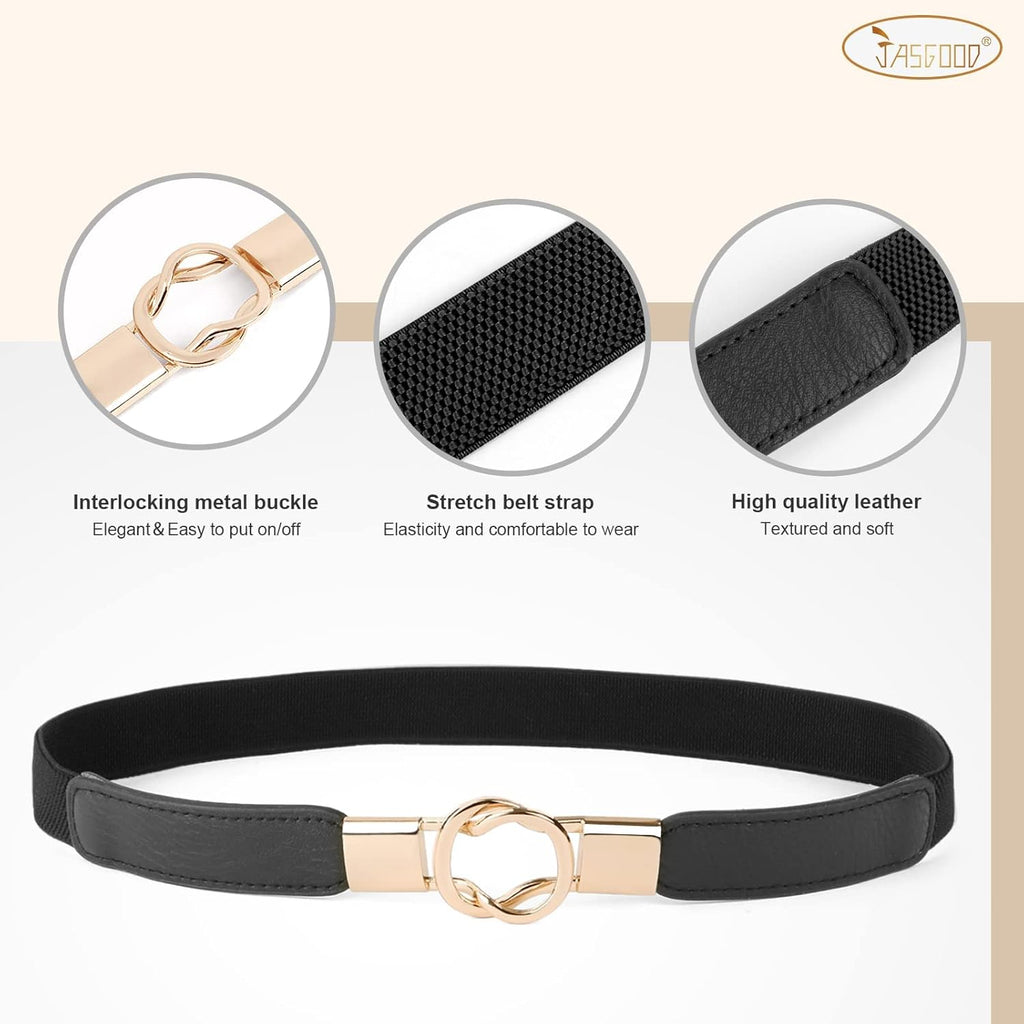 JASGOOD Women Retro Fashion Elastic Belt Stretchy Skinny Waist Belt for Dress Jeans Pants with Metal Gold Buckle