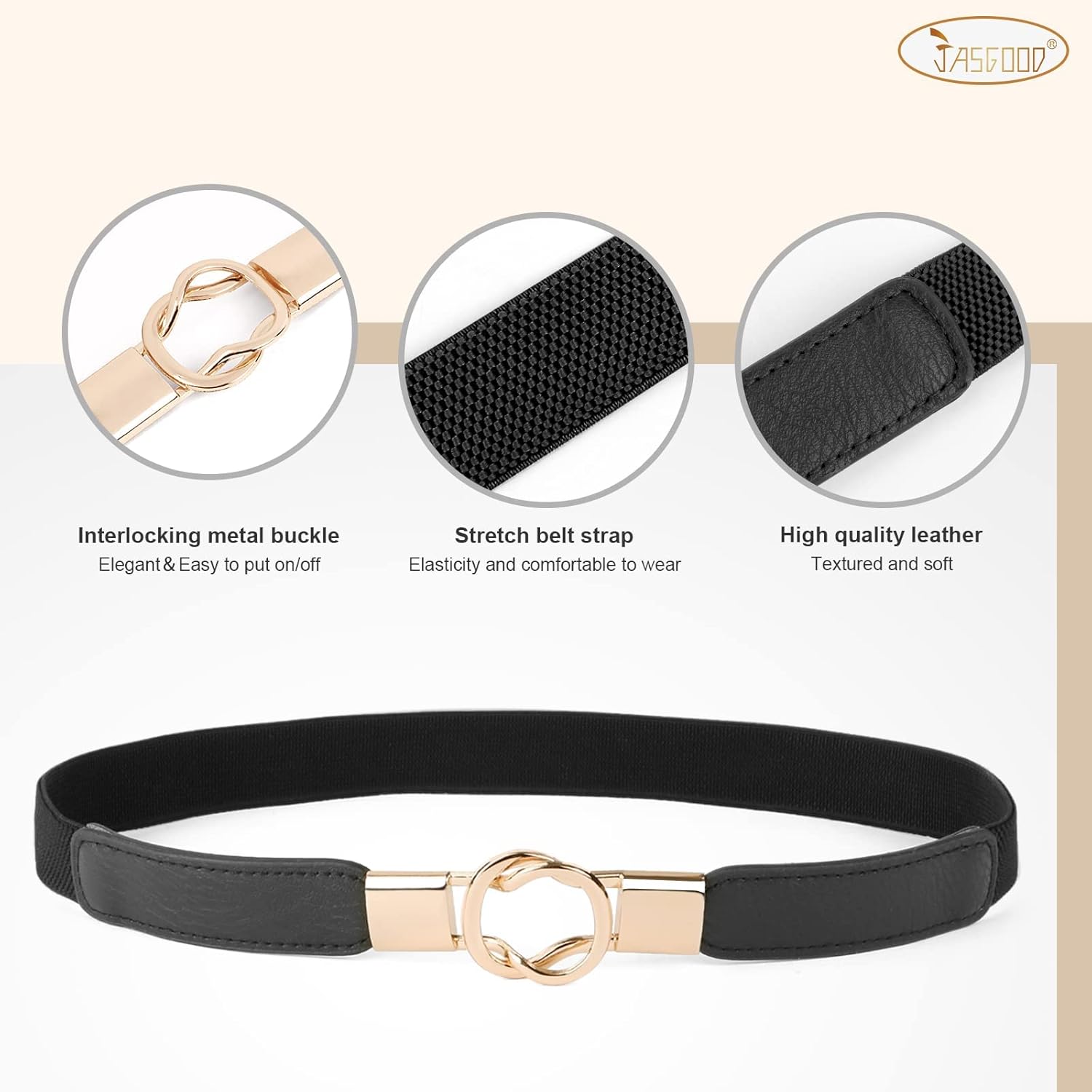 JASGOOD Women Retro Fashion Elastic Belt Stretchy Skinny Waist Belt for Dress Jeans Pants with Metal Gold Buckle