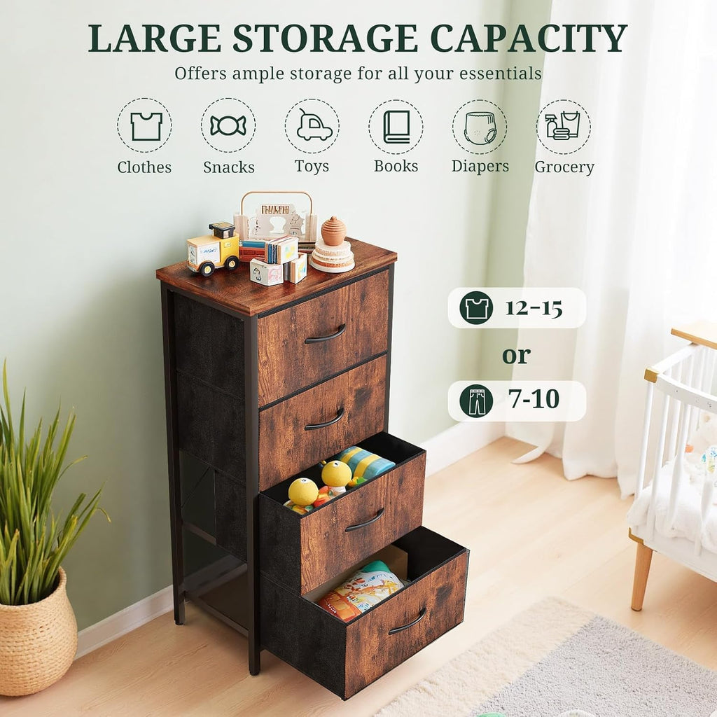 4 Drawers Dresser For Bedroom Fabric Storage Tower With Wooden Top | Steel Frame Tall Chest Of Drawers For Closet, Entryway, Dorm, Brown