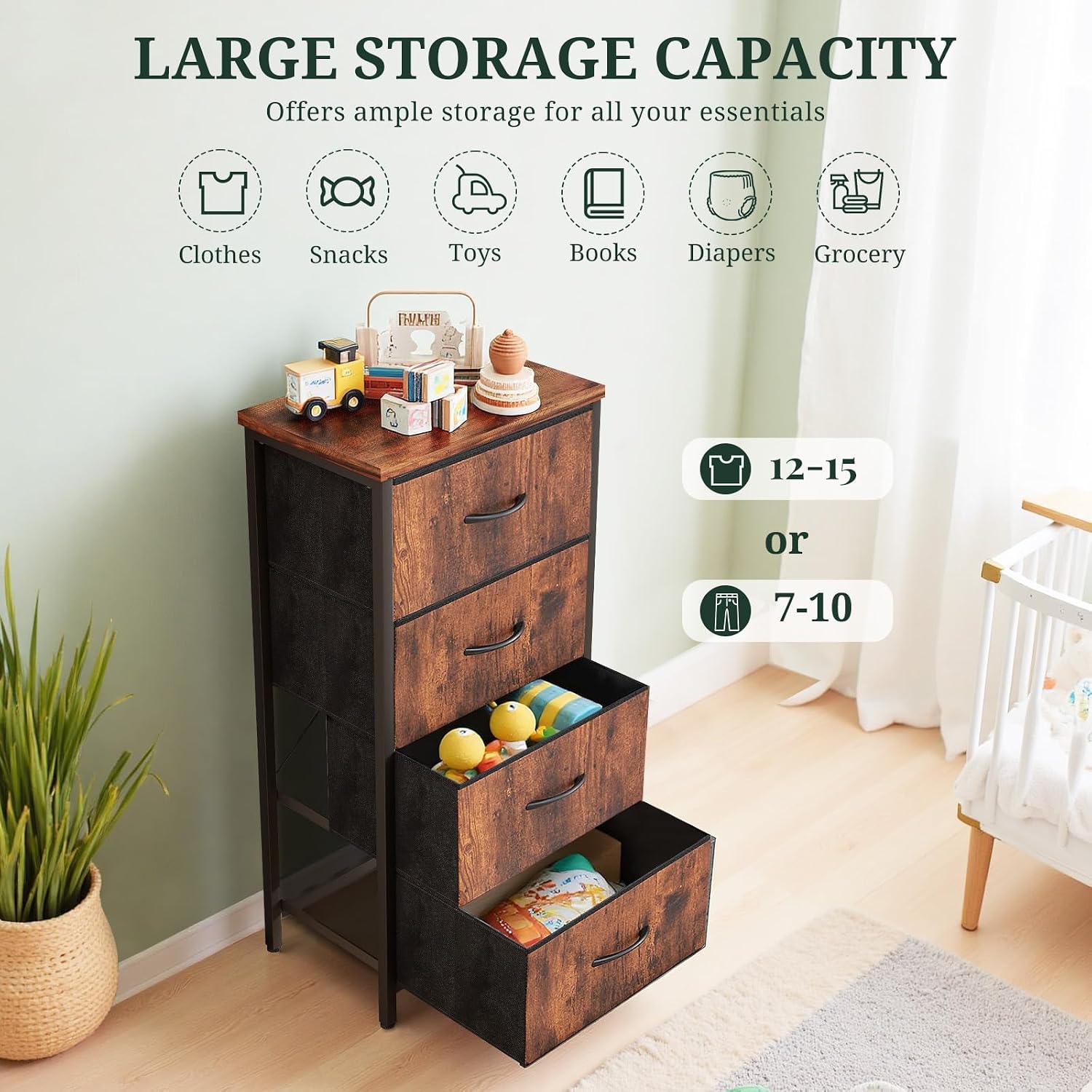 4 Drawers Dresser For Bedroom Fabric Storage Tower With Wooden Top | Steel Frame Tall Chest Of Drawers For Closet, Entryway, Dorm, Brown