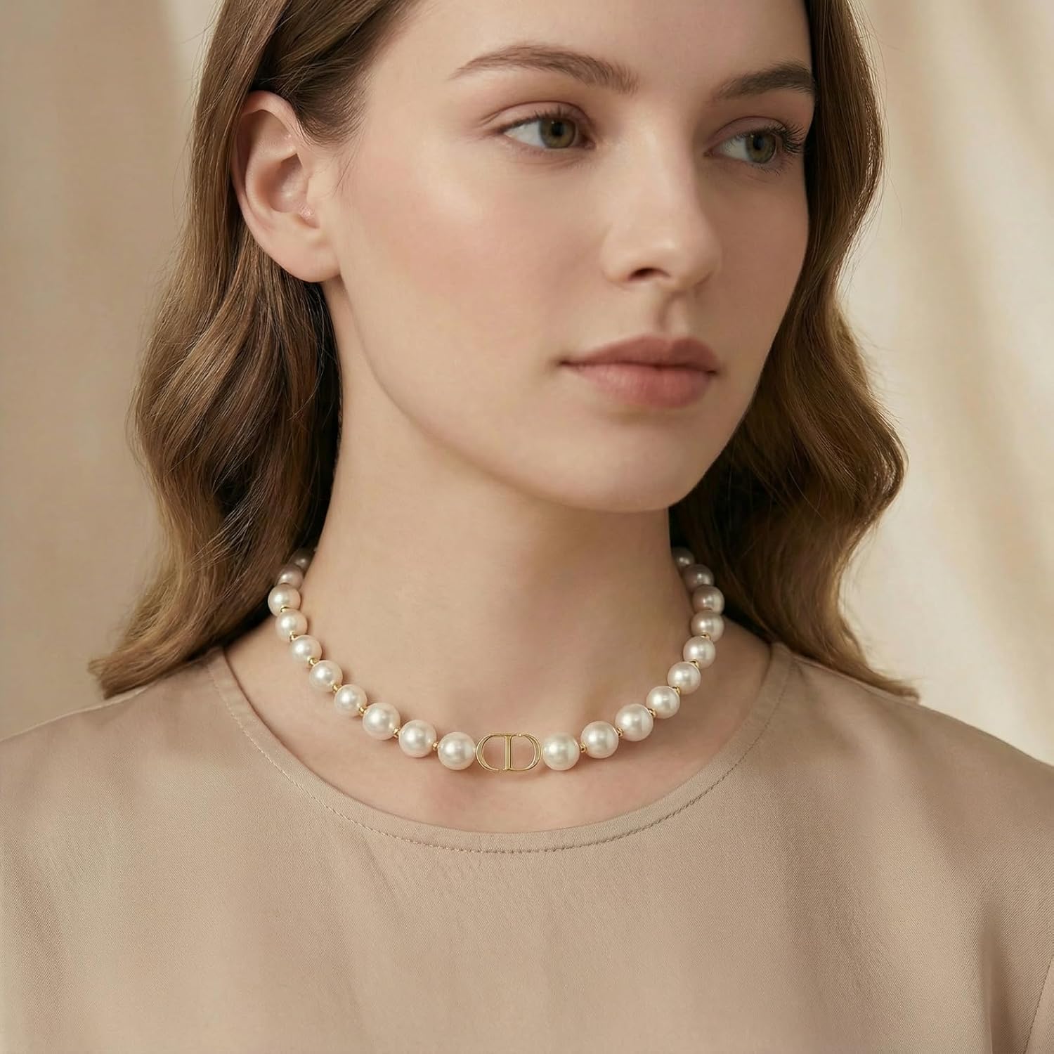 18K gold plated copper pearl necklace, with luxurious letter design and rectangular three-dimensional pendant, double-layered stacked straps highlighting the fashionable charm of women's jewelry