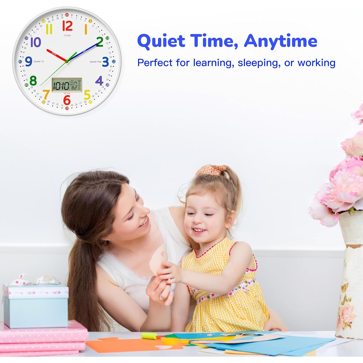 12" Silent Teaching Wall Clock With Lcd Date Weekday Temperature Display – Tempered Glass, Non-Ticking Battery Operated Learning Clock For Kids Room, Classroom, Home Decor