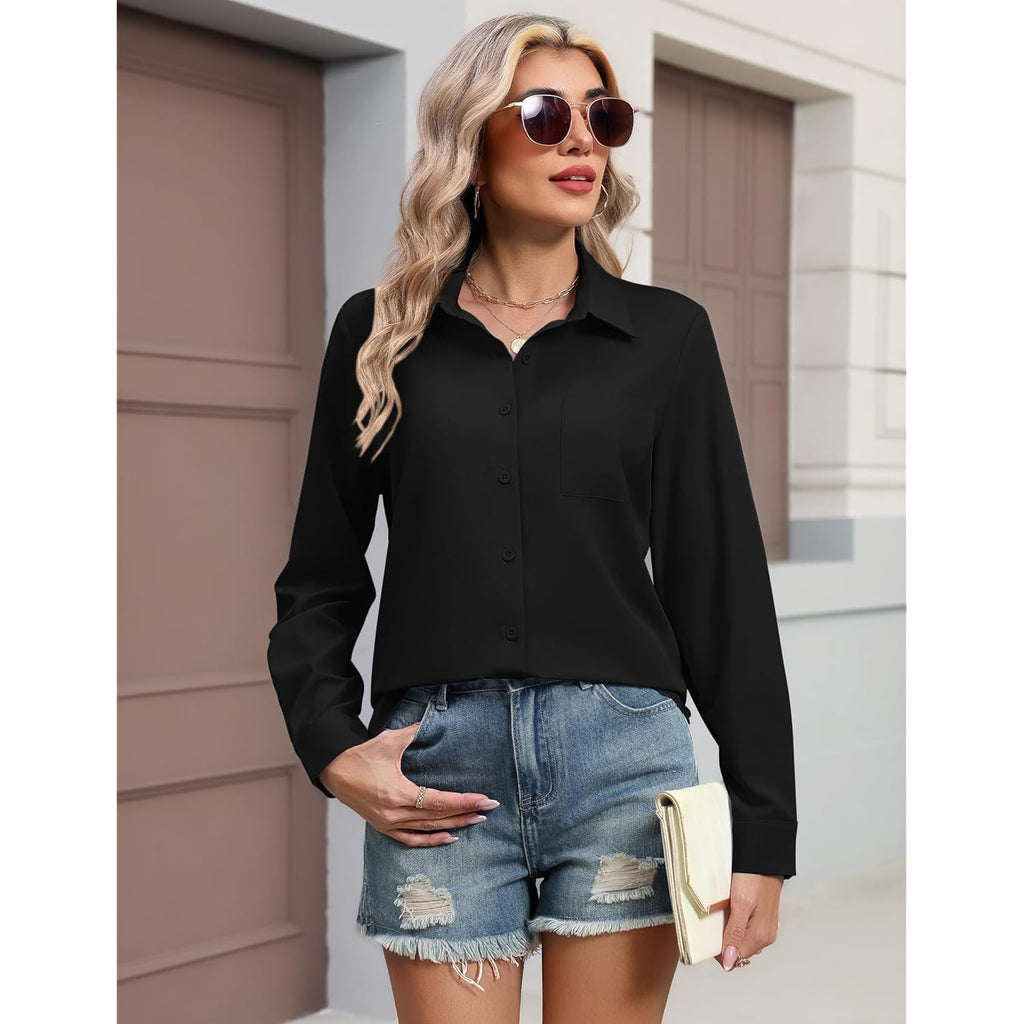Button Down Shirts for Women Long Sleeve Blouse Dressy Casual Business Work Tops with Pocket
