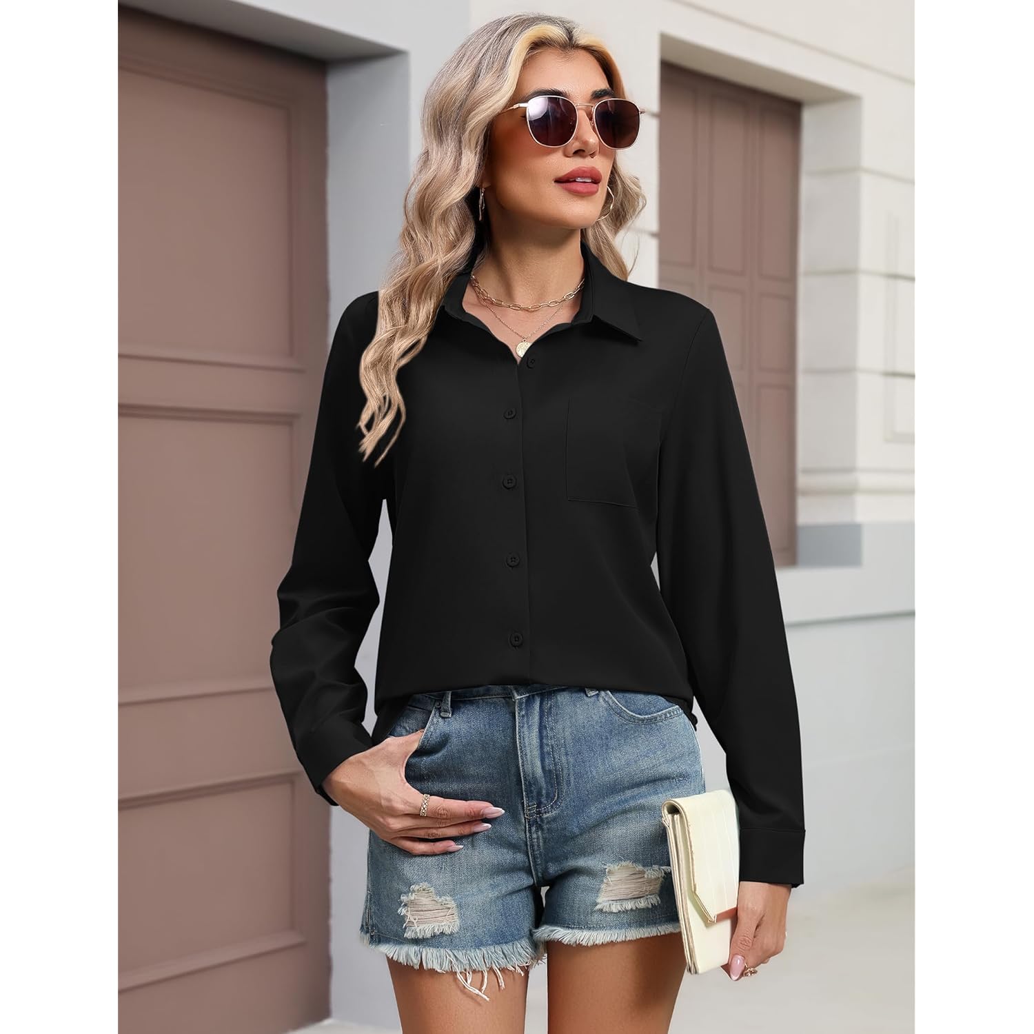 Button Down Shirts for Women Long Sleeve Blouse Dressy Casual Business Work Tops with Pocket