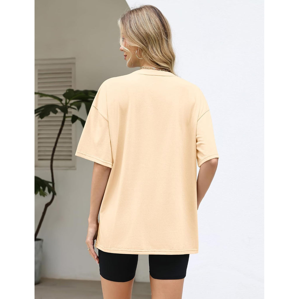 LOMON Oversized Graphic T Shirts for Women Short Sleeve Crewneck Summer Tops Loose Casual Basic Tees Apricot-plant Floral