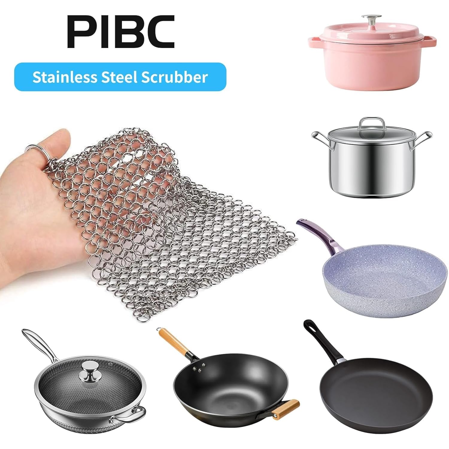 8"x6" Cast Iron Scrubber Stainless Steel Chainmail Cleaner for Pre-Seasoned Pans, Griddles, BBQ Grill and Pot Cookware Cleaning