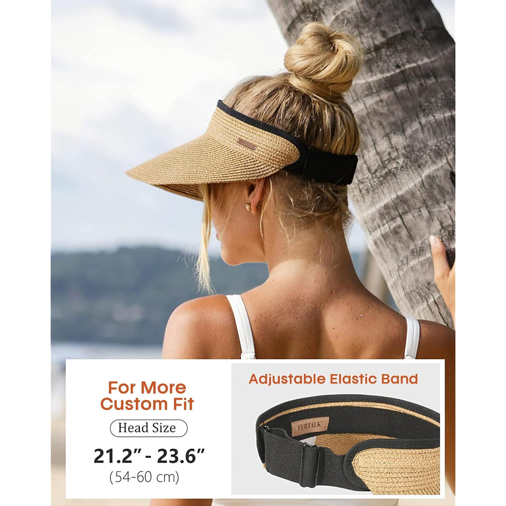 FURTALK Womens Sun Visor Hat Straw Sun Visors for Women Summer Packable Ponytail Beach Hats for Women Travel UPF 80+