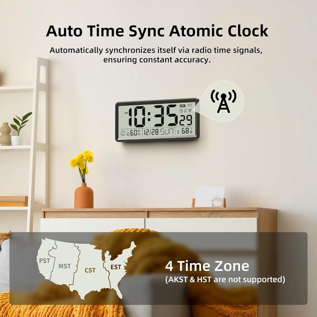 Easyera 15'' Large Digital Atomic Wall Clocks Battery Operated, Auto Dst