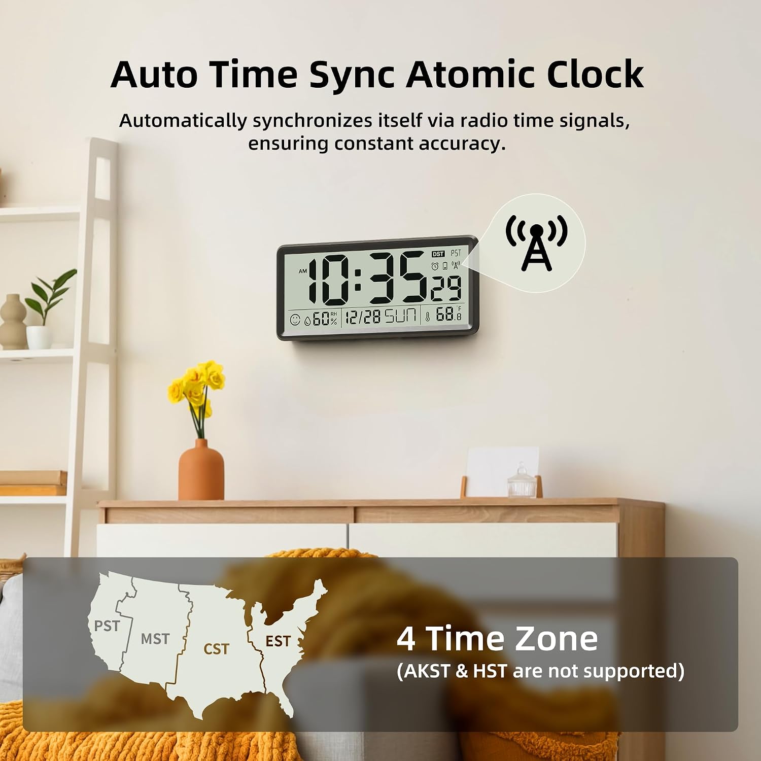 Easyera 15'' Large Digital Atomic Wall Clocks Battery Operated, Auto Dst