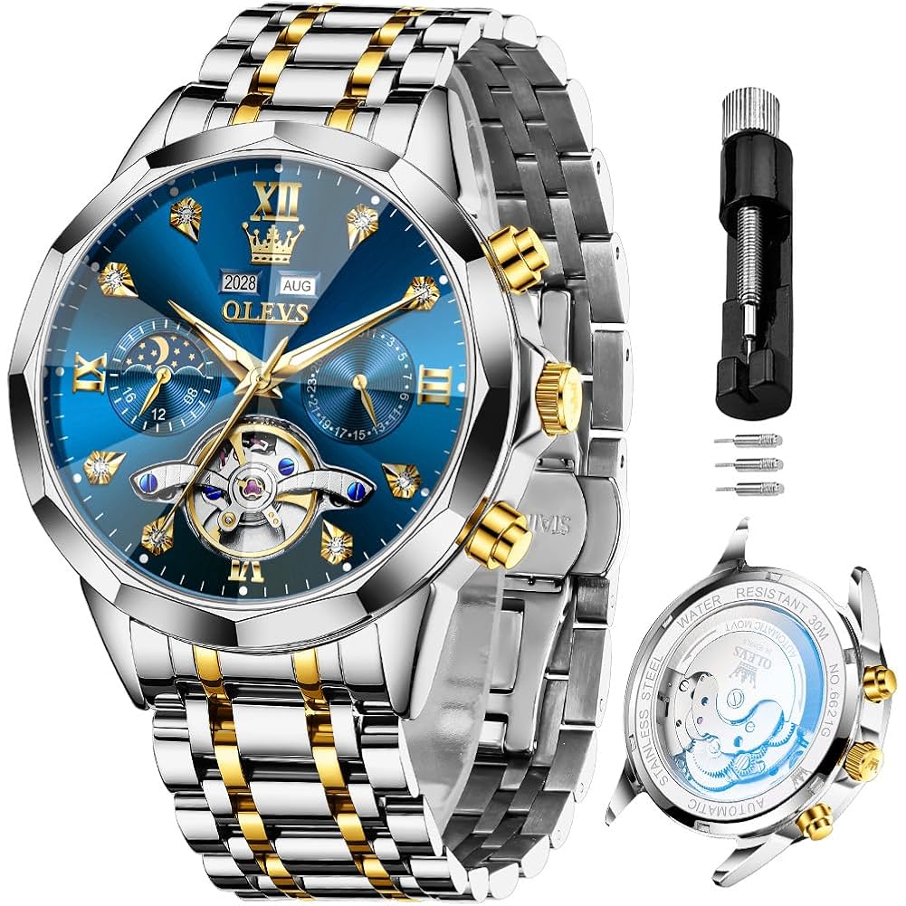Olevs Skeleton Men Watches Automatic Business Luxury Diamond Self Winding Watch For Men Stainless Steel Calendar Wrist Watch