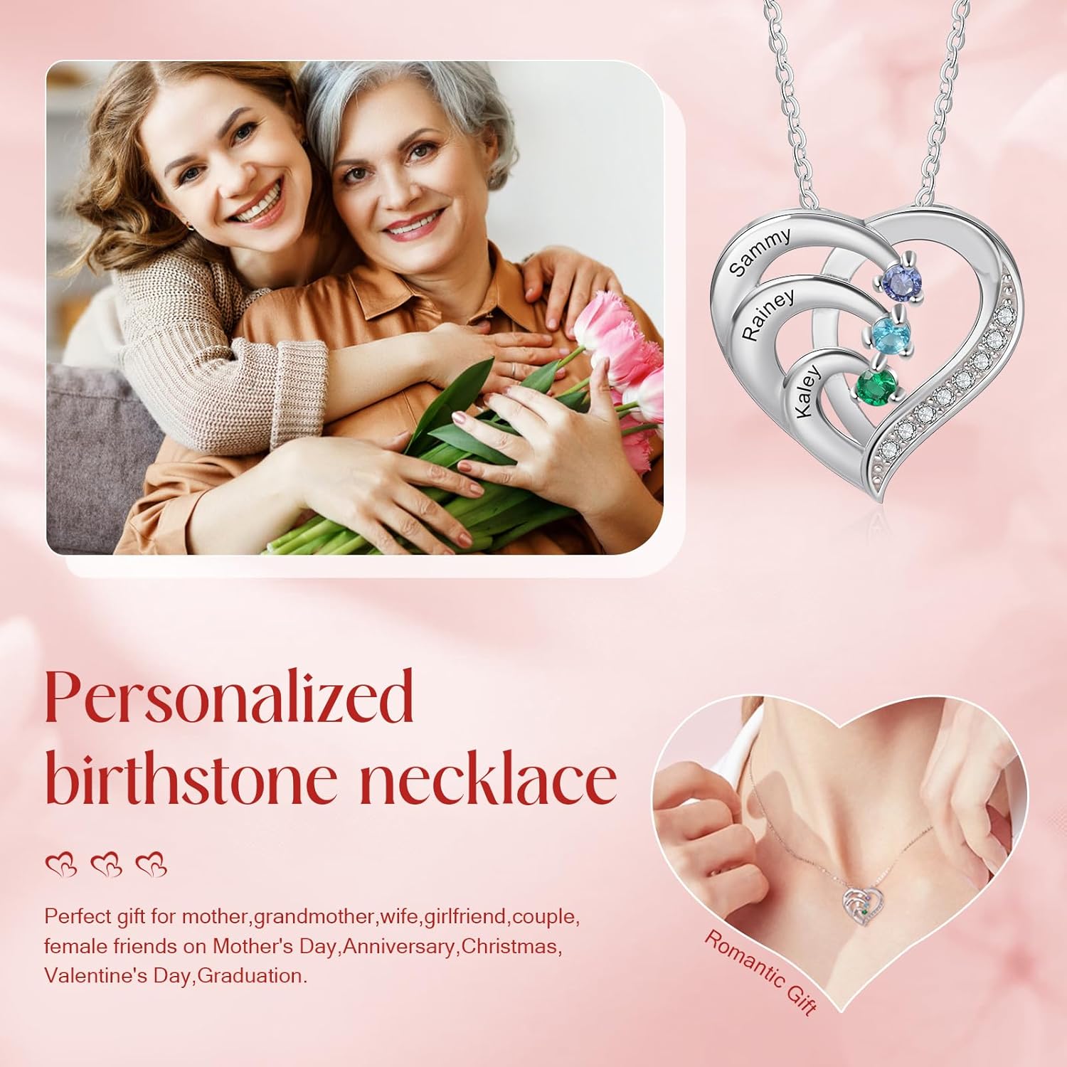 925 Sterling Silver Personalized Mother Necklace with 2-6 Birthstone Necklaces for Women Mothers Day Gifts for Mom Grandma Wife, Engraved Names Heart Charm Pendant for Birthday Anniversary