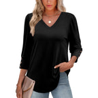 Xieerduo Womens 3/4 Sleeve Tops With Buttons V-Neck Summer Outfits Casual Blouses Shirts Beach Vacation Fall Clothes 2026
