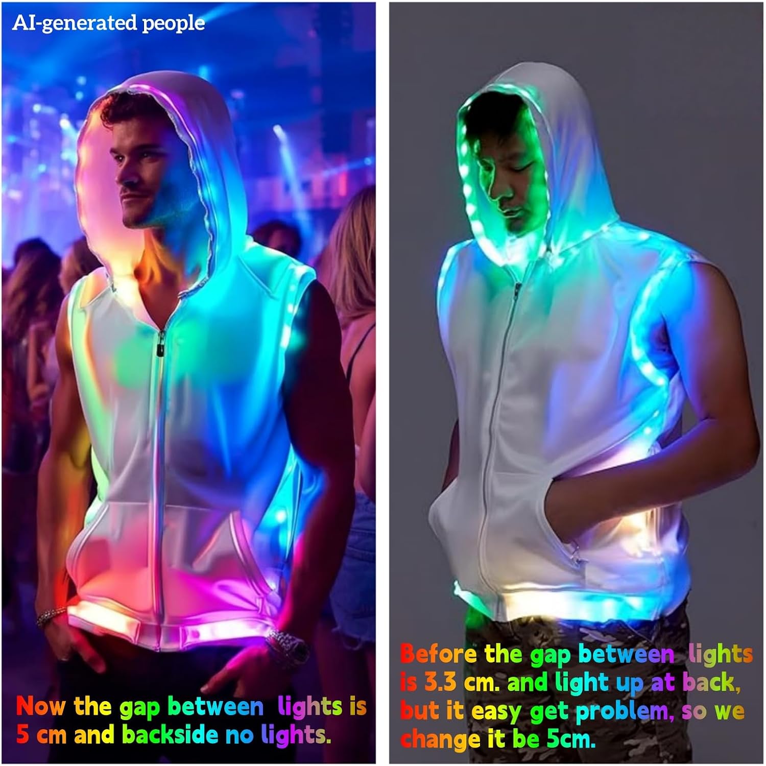 Men White Hooded Tank Led Light Up Sync Burning Man Rave Tops Night Club Show For Halloween Dance Party