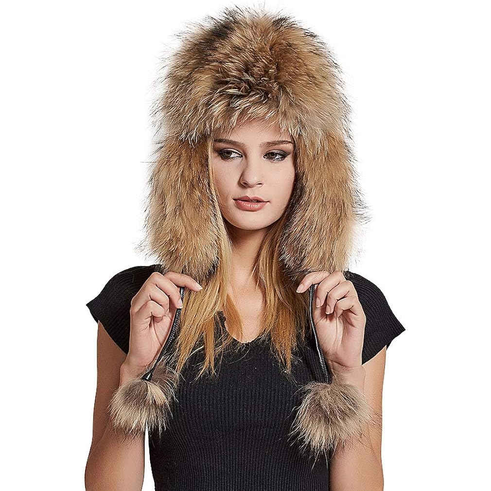 Fur Story Women's Fur Trapper Hat with Sheepskin Earflap Warm Hat Winter hat with Pom Pom