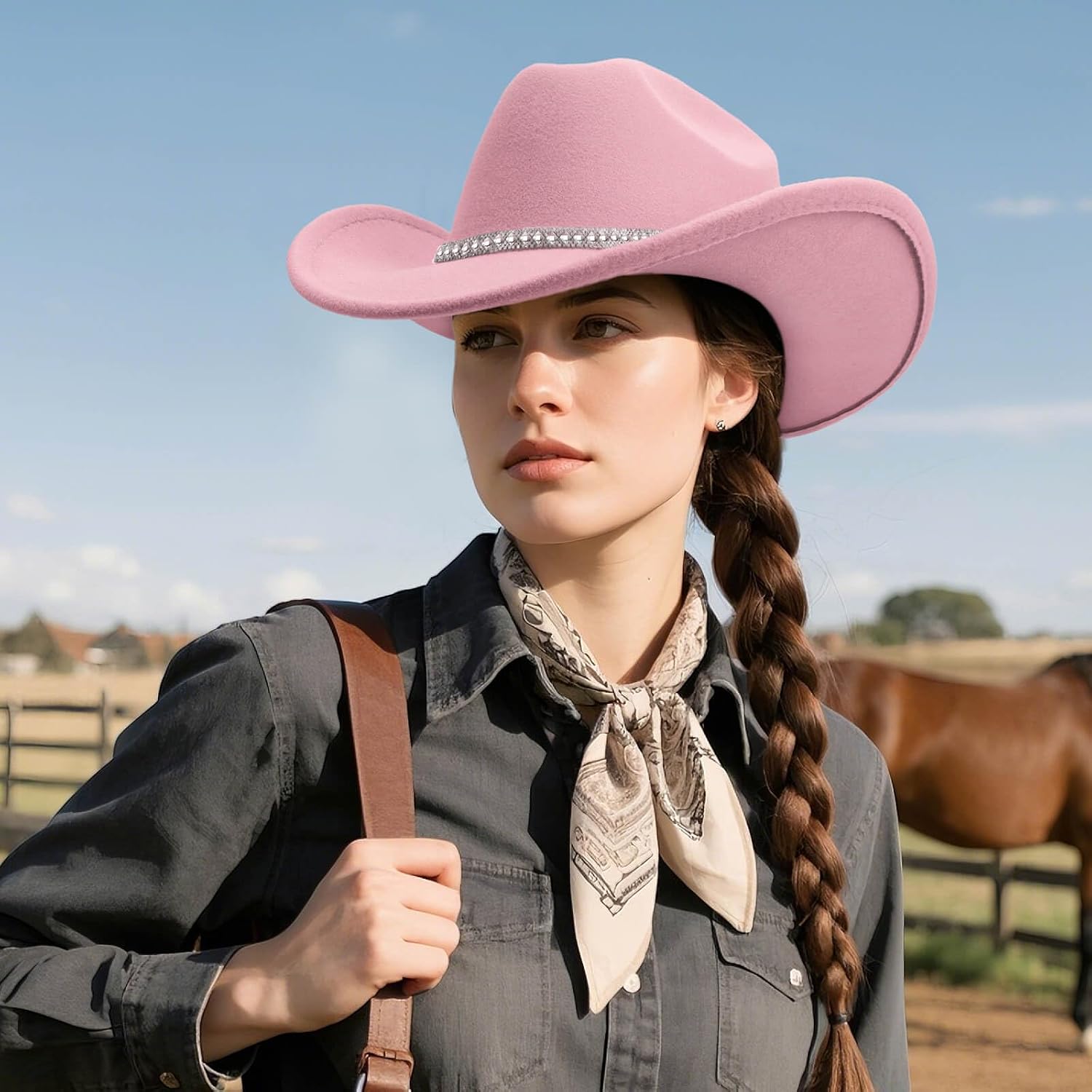 DRESHOW Western Cowboy Hat for Women and Men Wide Brim Glitter Cowboy Cowgirl Hat with Rhinestone Felt Fedora Hats 1 Pack Style 10: Light Pink