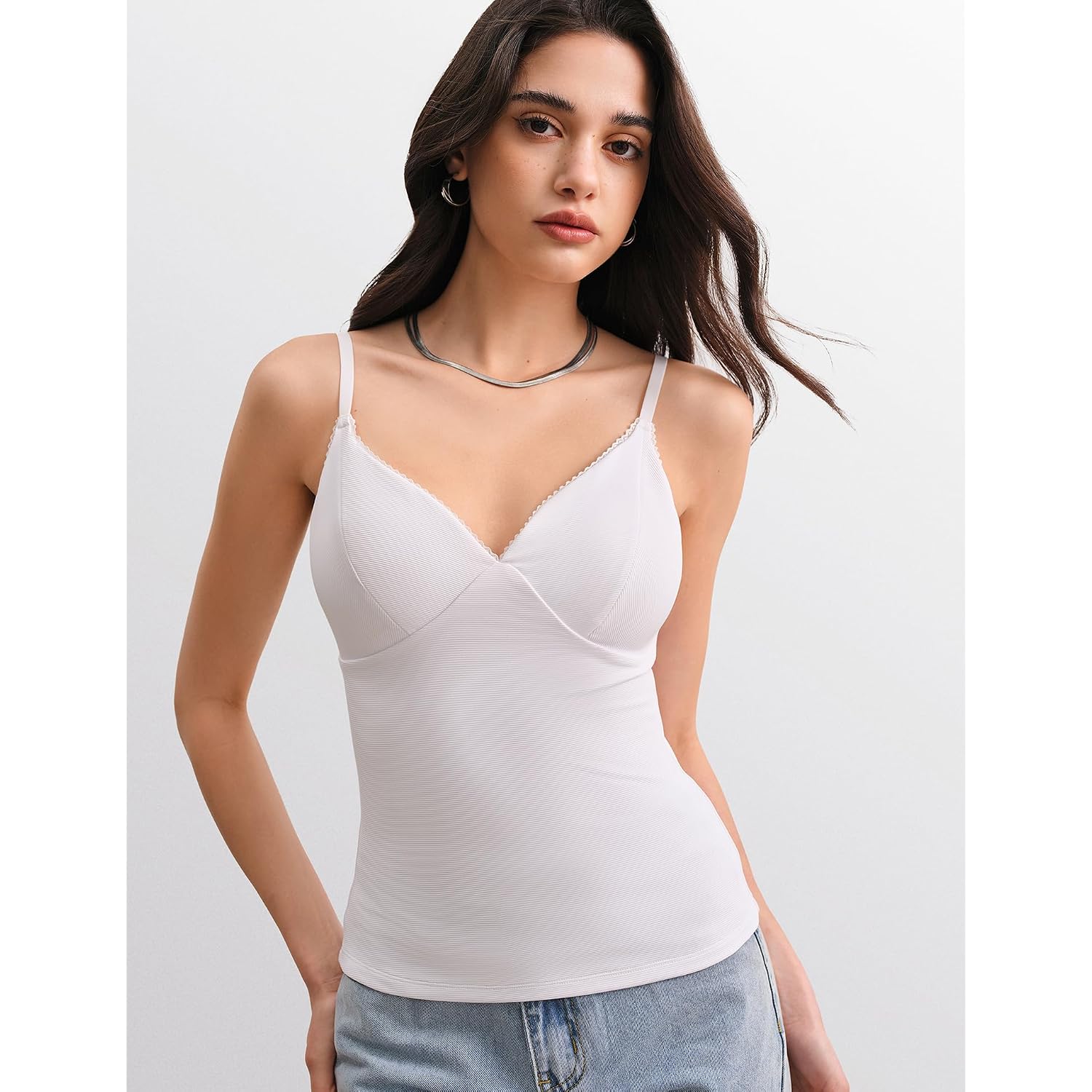 Women's Padded V Neck Tank Tops Double Lined Camisole Built in Bra Sexy Cute Summer Going Out Tops Muse Collection
