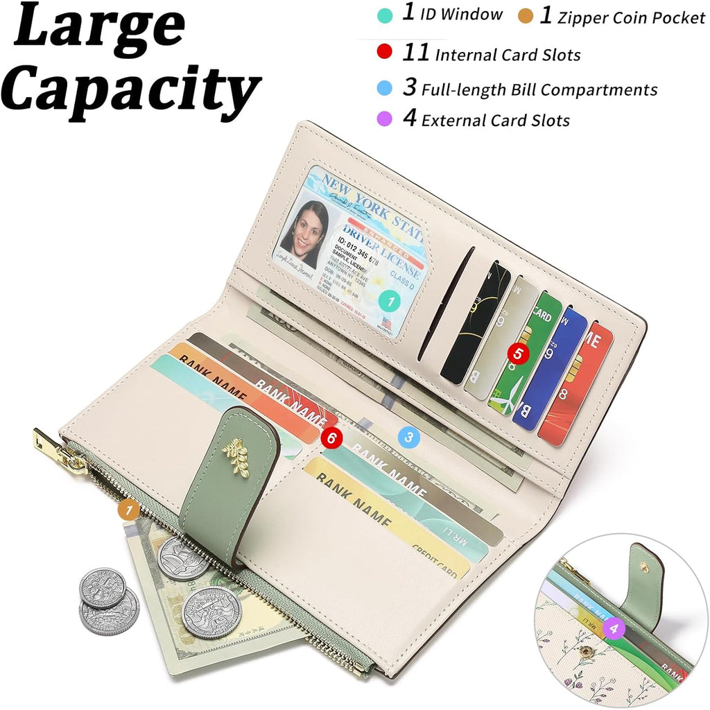Gaekeao Womens Wallet Slim Thin Rfid Blocking Floral Vegan Leather Card Holder Bifold Long Ladies Wallet With Zipper Pocket