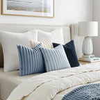 Miulee Faux Fur Plush Decorative Throw Pillow Covers 18X18 Set Of 4, Summer Modern Soft Fuzzy Coastal Striped Cushion Covers For Sofa Couch Bed Living Room Cozy Home Decor,Navy Blue