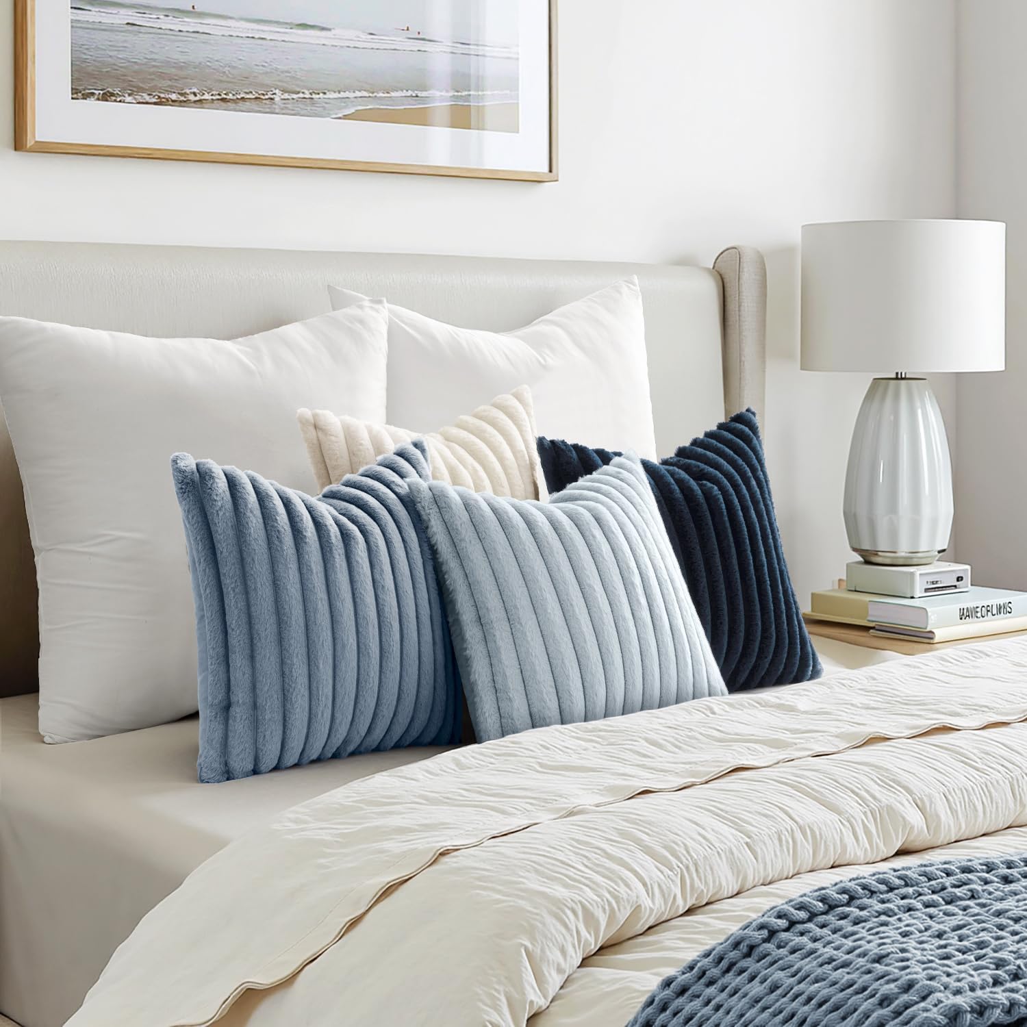 Miulee Faux Fur Plush Decorative Throw Pillow Covers 18X18 Set Of 4, Summer Modern Soft Fuzzy Coastal Striped Cushion Covers For Sofa Couch Bed Living Room Cozy Home Decor,Navy Blue