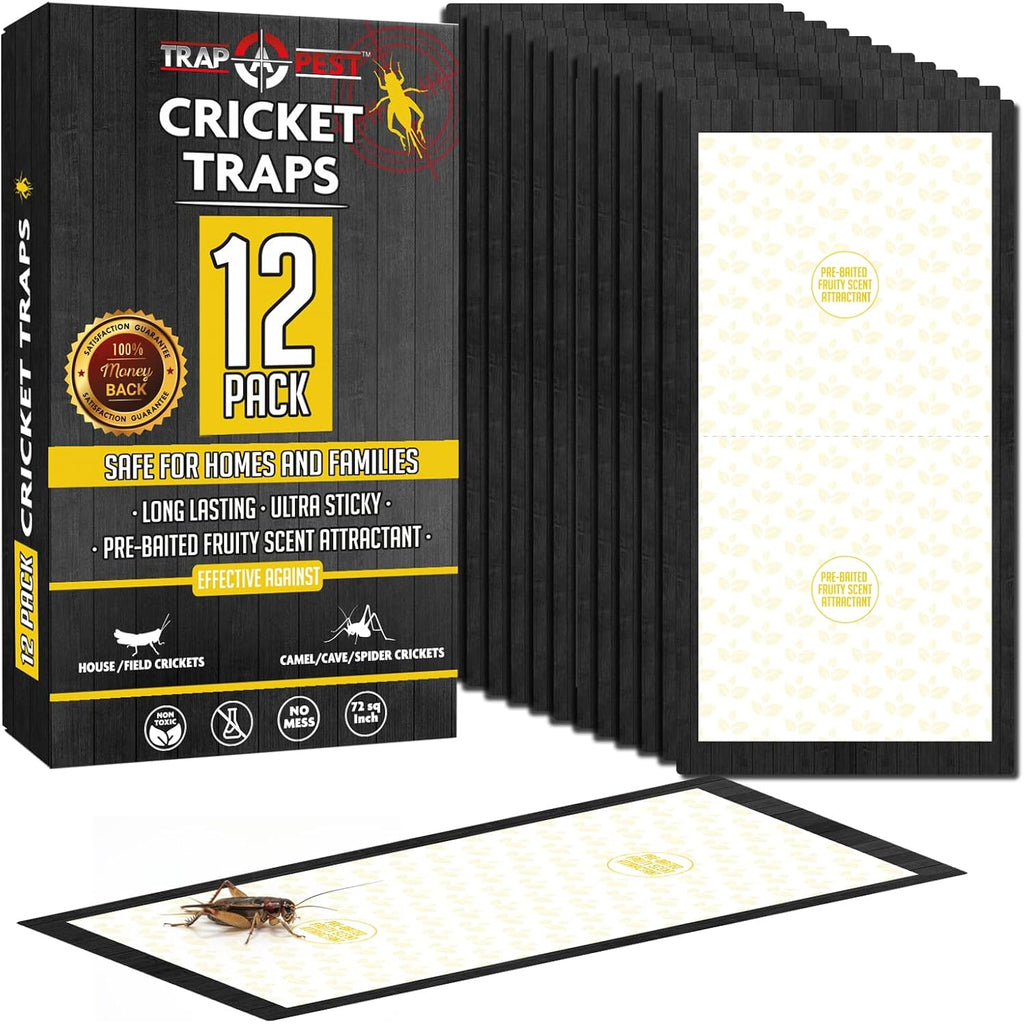Cricket Traps Indoor (12 Traps) Extra Large Bug Sticky Traps - Non-Toxic Extra Sticky Glue Traps For Bugs - Pre-Baited Fruity Scent Crickets Bug Trap Indoor - Insect Glue Traps For Bugs - Trap A Pest
