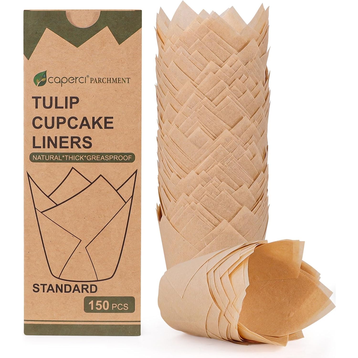 Caperci 150Pcs Natural Tulip Cupcake Liners Unbleached European Parchment Paper Baking Cups Muffin Liners For Party, Wedding, Christmas, Birthday