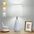Small Bedside Table Lamp For Bedroom - Reading Desk Lamp With 3 Color Temperatures，15.5" Nightstand Ceramic Lamp With Fabric Shade For Kids Room,Living Room,Dorm,Home Office (White)