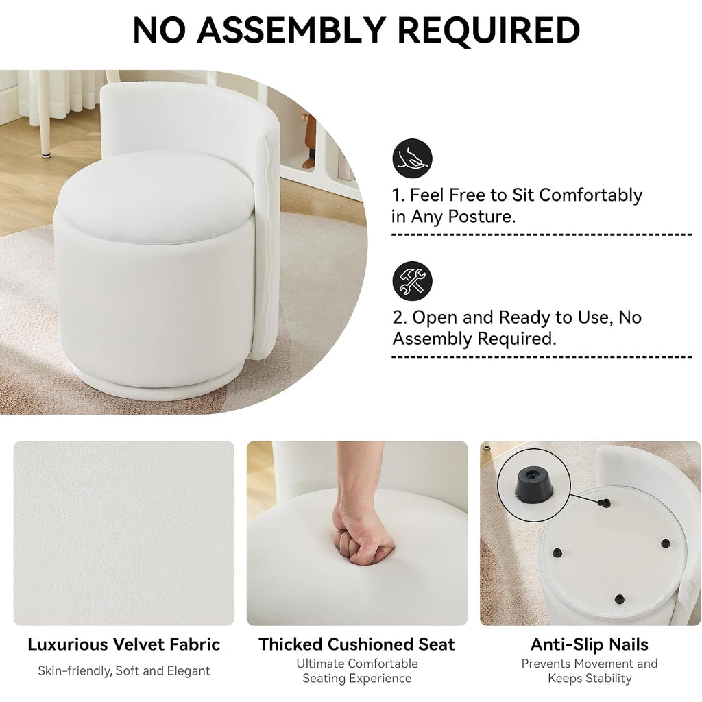 Velvet Vanity Chair With Storage, 360° Swivel Makeup Chair With Wave Back, No Assembly Small Accent Stool For Bedroom, Dressing, Living Room, White