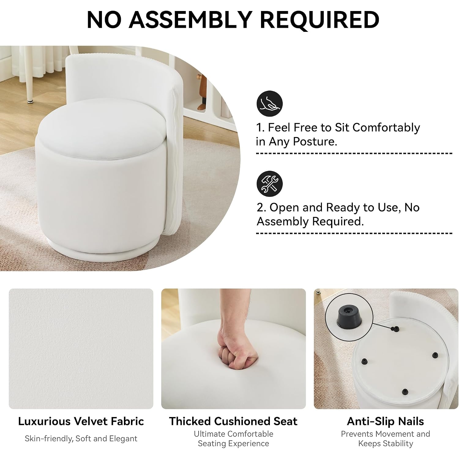 Velvet Vanity Chair With Storage, 360° Swivel Makeup Chair With Wave Back, No Assembly Small Accent Stool For Bedroom, Dressing, Living Room, White