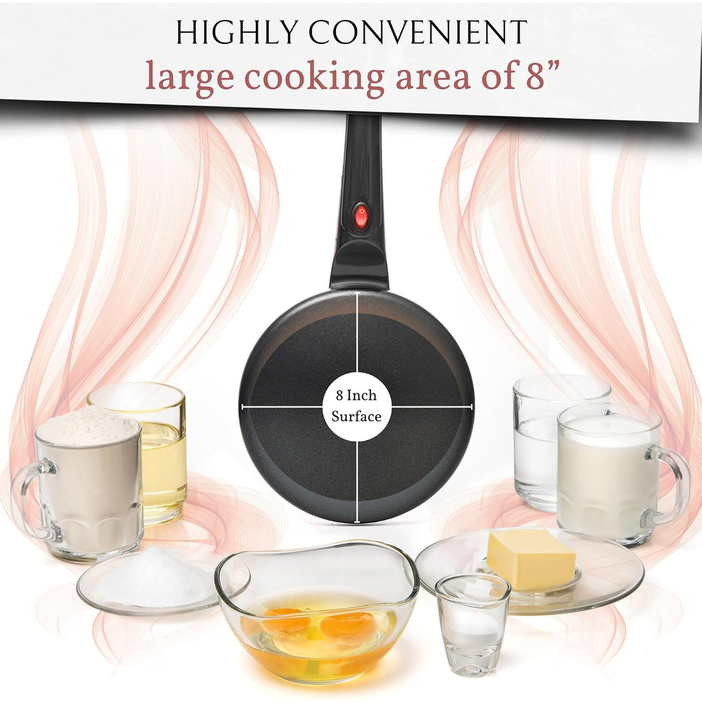 Moss & Stone Black Electric Crepe Maker, 8" Portable Nonstick Crepe Pan | Nonstick Dipping Plate, Auto Shut-Off, On/Off Switch, Even Heating, Automatic Temperature Control, Compact Design