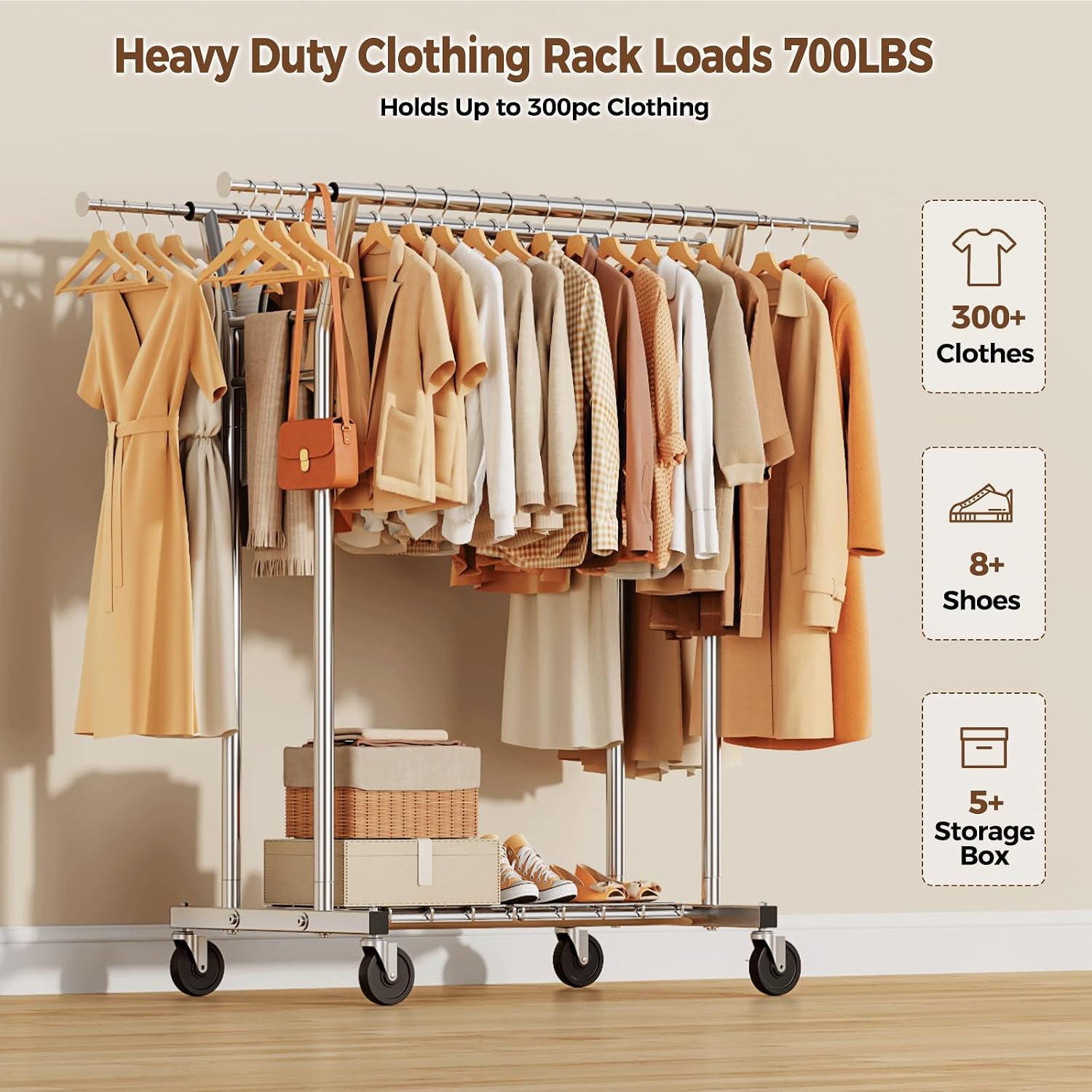 Hyseyy Heavy Duty Clothes Rack, Rolling Clothing Rack For Hanging Clothes With Shelves Load 700Lbs,Portable Garment Wardrobe Closet Rack With Wheels For Bedroom,Laundry Room,Retail Store,Silver