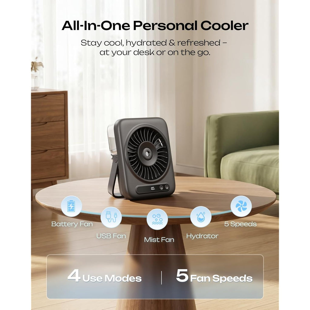 Otlonpe Portable Desk Misting Fan, 5000Mah Rechargeable Battery Powered, Powerful Desk Fan With Mist, 5 Speeds, 110Ml Water Tank, 6.5 Inch Personal Cooling Mister Fans For Travel Home Office Bedroom