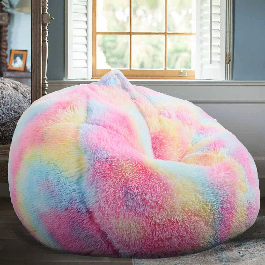 Fluffy Bean Bag Chair For Kids, 2.5Ft Round Memory Foam Filled Bean Bag For Teens & Kids, Ultra Soft Faux Fur Fabric Bean Bag Chairs For Playroom, Living Room, Bedroom, Rainbow