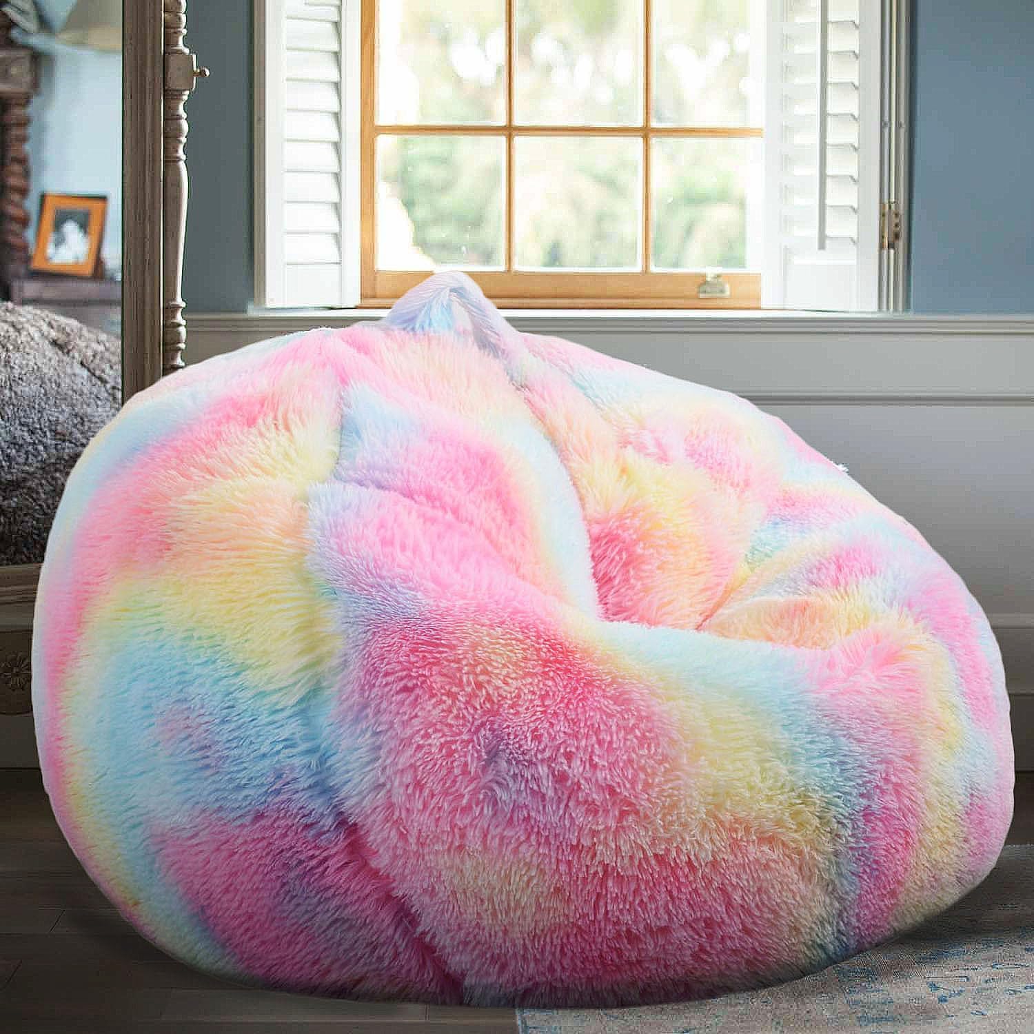 Fluffy Bean Bag Chair For Kids, 2.5Ft Round Memory Foam Filled Bean Bag For Teens & Kids, Ultra Soft Faux Fur Fabric Bean Bag Chairs For Playroom, Living Room, Bedroom, Rainbow