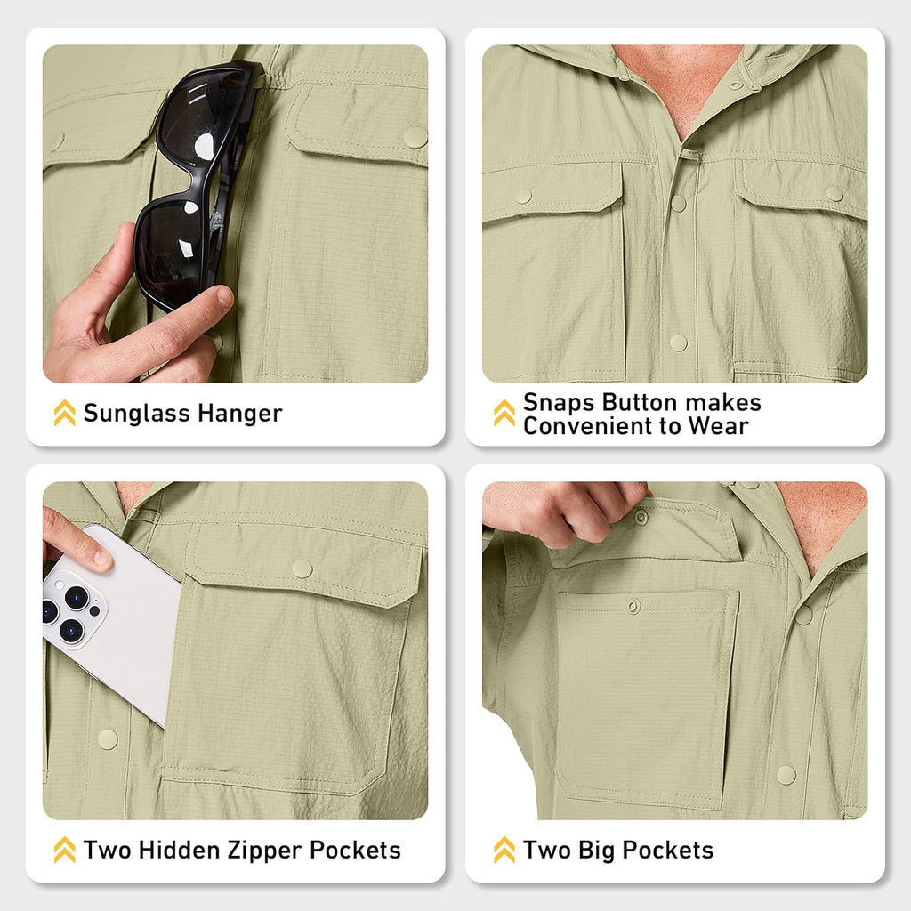 Mens Sun Protection Hiking Fishing Safari Shirts With Hood Long Sleeve Outdoor Quick Dry Shirts Hoodie