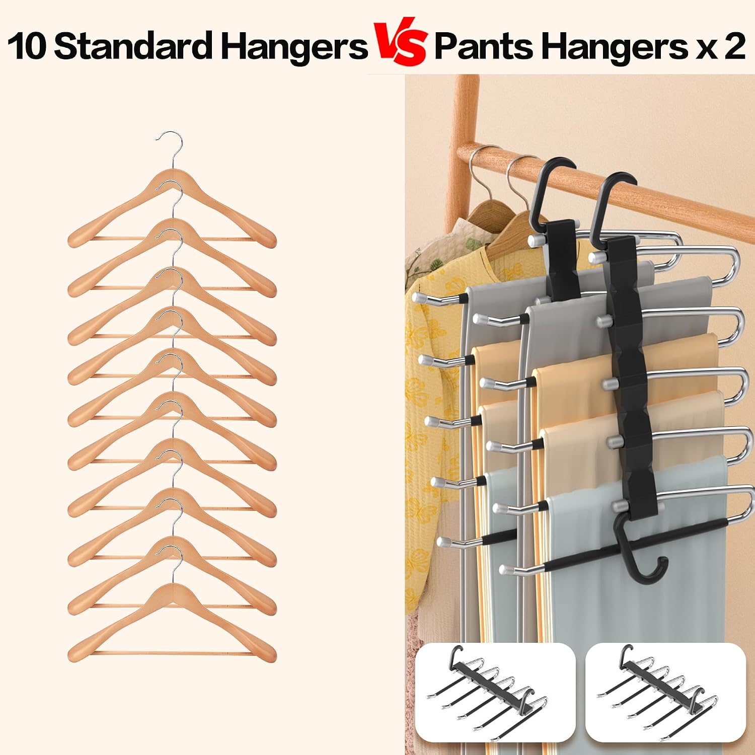 Pants Hangers Space Saving - 2 Pack Closet Organizer And Storage Jean Hangers, Stainless Steel Anti-Slip Clothes Hanger Scarf Holder For Pants Jeans Leggings Trousers Pant Rack, Black