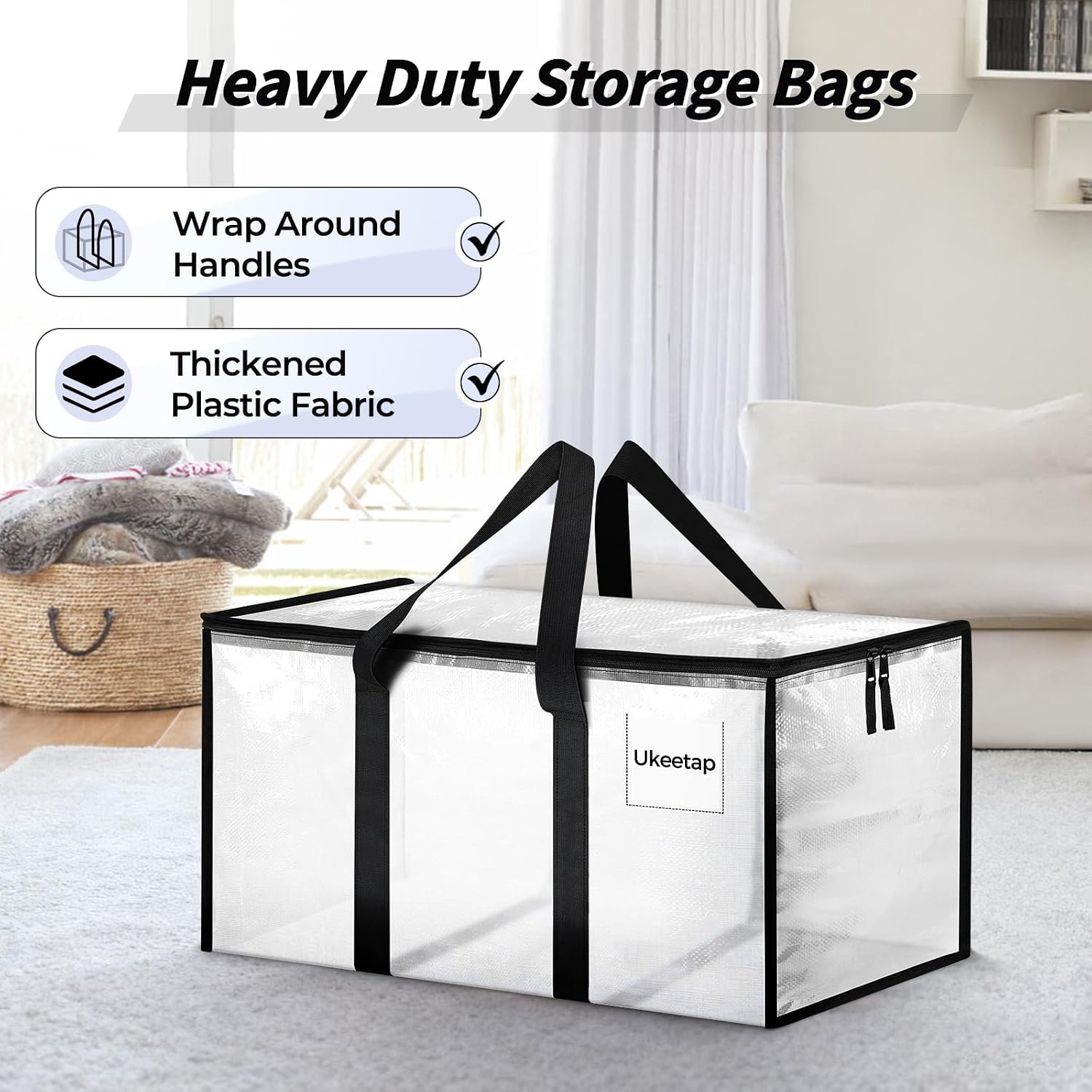 8 Pack Extra Large Heavy Duty Moving Bags, Clear Storage Bins With Lids, Reinforced Handles & Heavy-Duty Zippers Moving Boxes Storage Bags Totes For Clothes Packing, Dorms, College Supplies, Clear