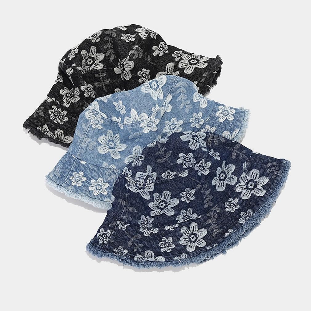 Frayed Unisex Sun Hats, Fashion Beach Bucket Hat for Men Women,Summer Outdoor Boy's Girls Boonie Cap Denim Floral L.blue