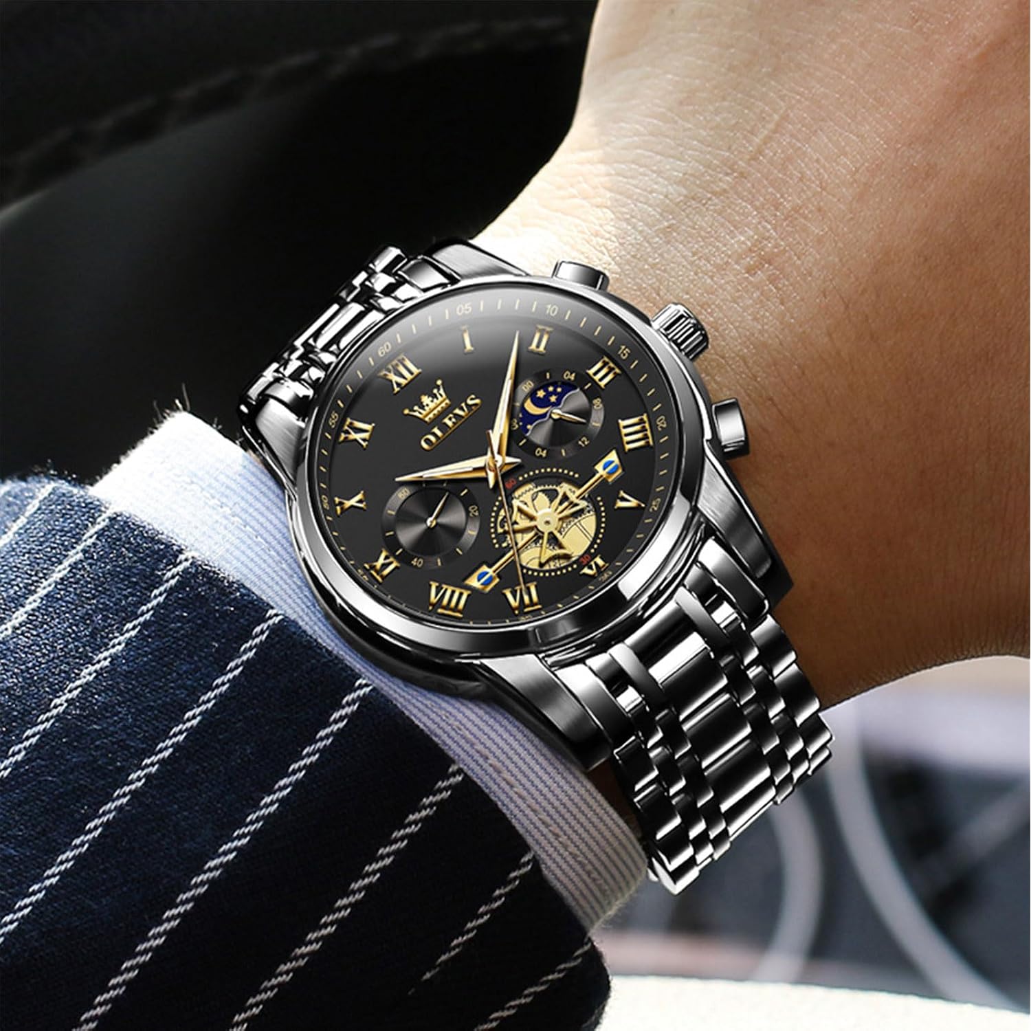 Olevs Watches Men Waterproof Luxury Big Face Mens Watch Stainless Steel Quartz Analog Dress Watches For Men Luminous Multifunction Man Watch Relojes De Hombre