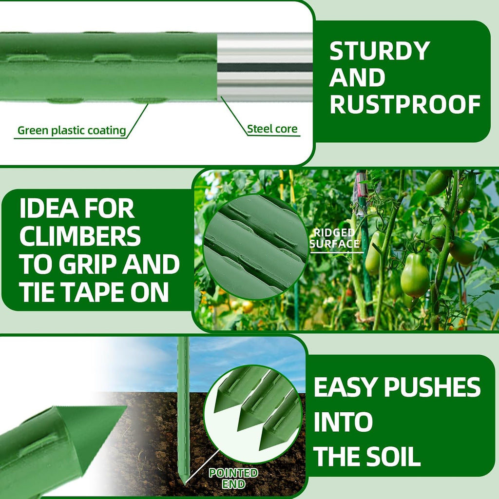 Fabulas Garden Stakes 16 Inch 70 Pack, Diy 4Ft 5Ft 6Ft 7Ft 8Ft Tomato Stakes Plastic Coated Metal Plant Sticks Stakes Supports With 40 Connectors 30 Rotatable Clips For Indoor Outdoor Plants Vegetable