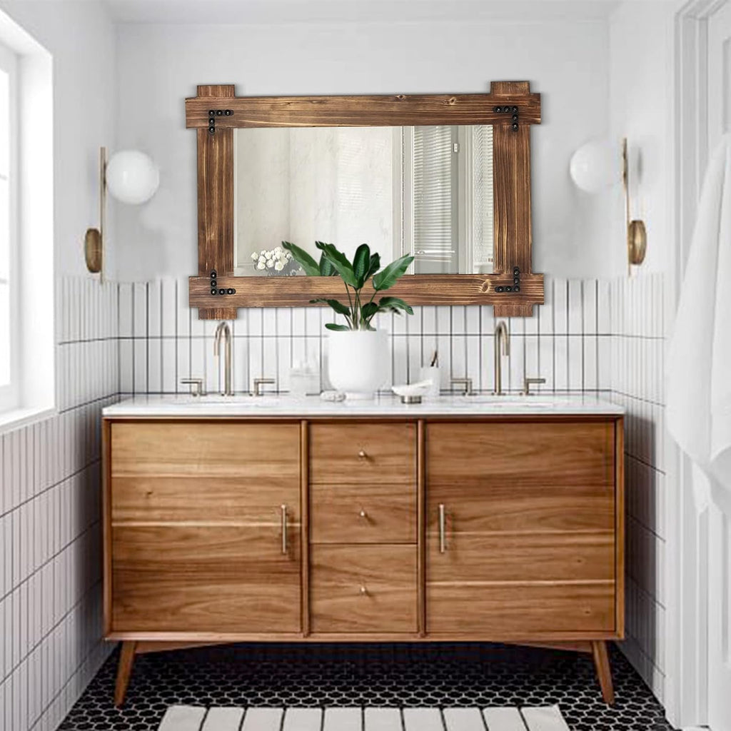 Memorecool Rustic Wood Mirror For Bathroom, Farmhouse Wall Mounted Vanity Mirror, Rectangular Wooden Framed Mirror For Bedroom Living Room Entryway, 30 X 20 Inch