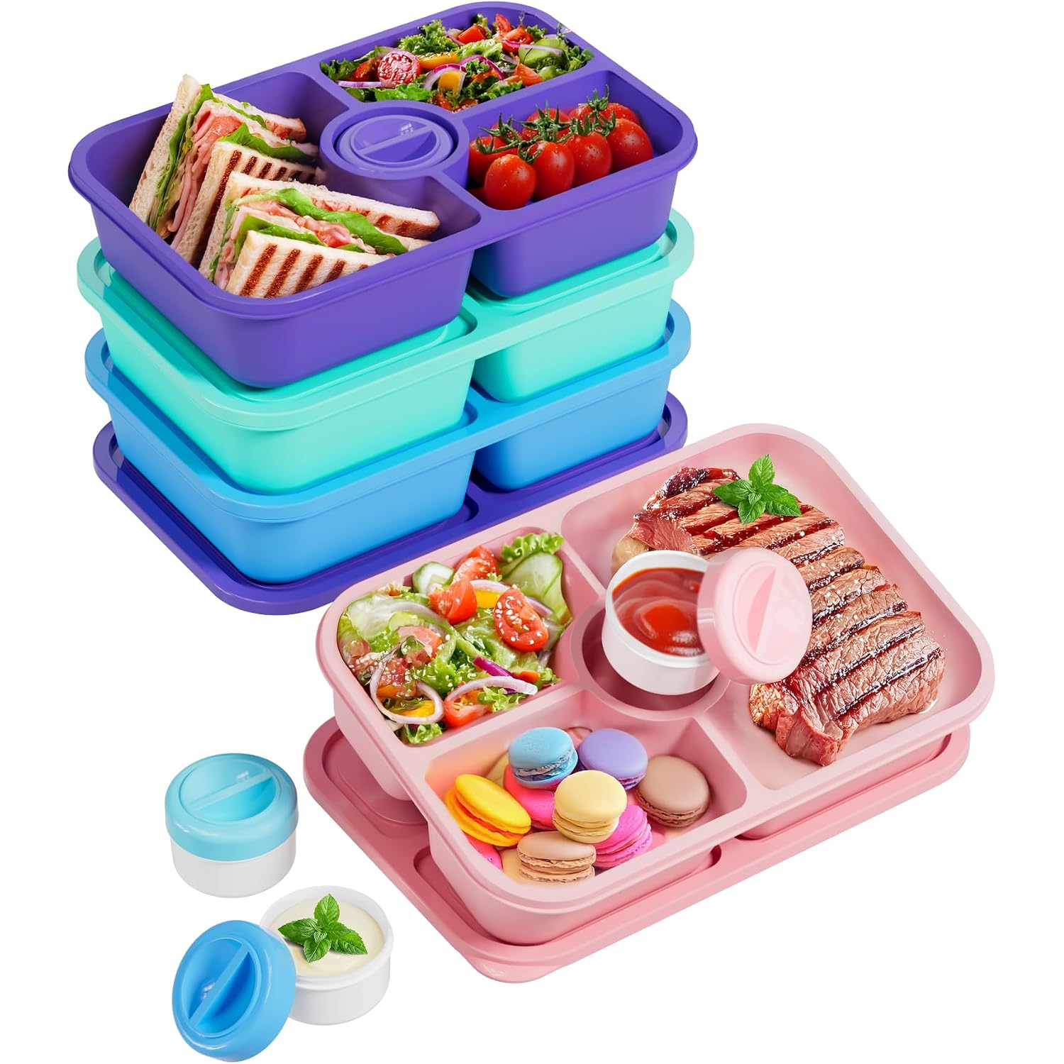 Canfanni 4 Pcs Bento Snack Box Containers, 4 Compartment Divided Stackable Food Storage Containers With Lids, Meal Prep Lunch Container With Sauce Cups