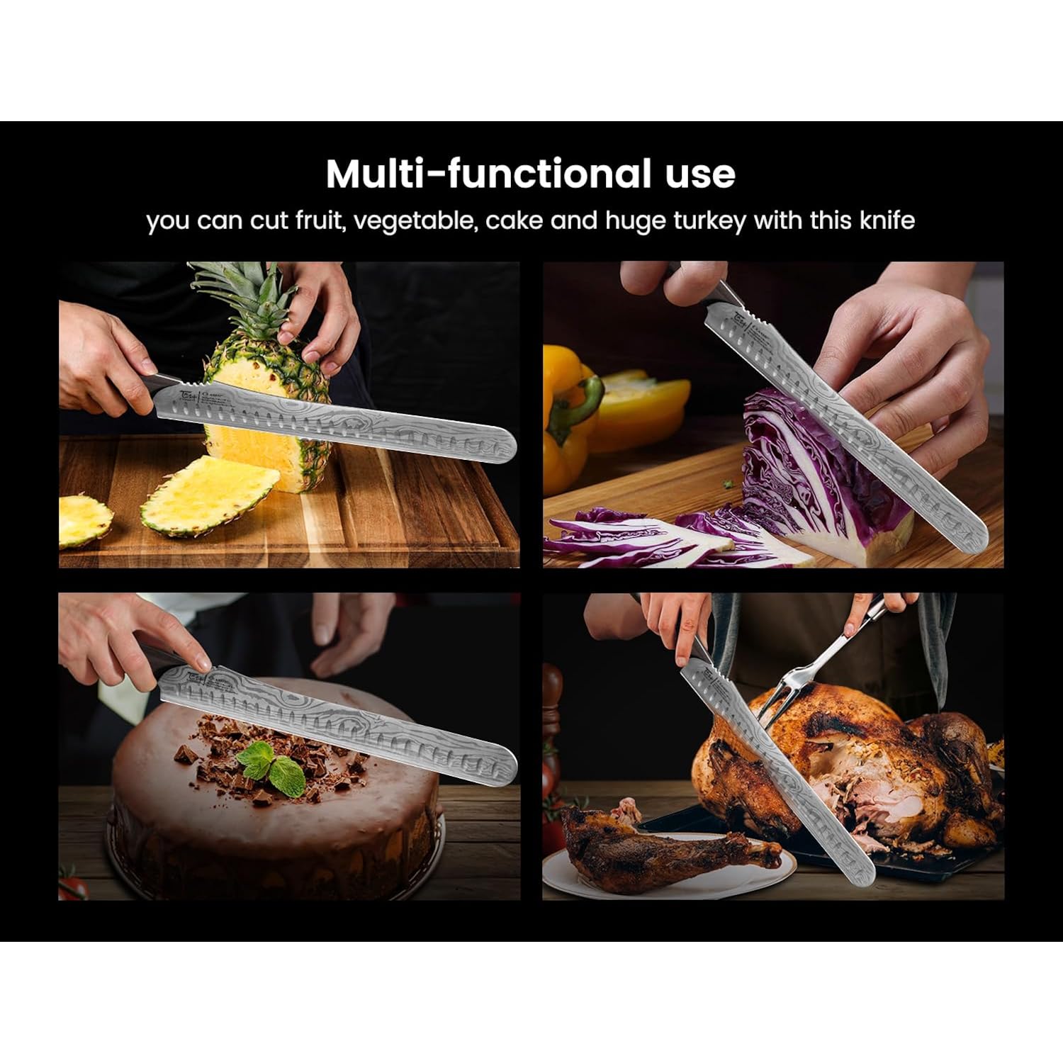 Brisket Slicing Knife, 12 Inch Multifunction Carving Knife For Meat Cutting, Japanese Style Meat Slicer With Wood Full Tang Handle, Damascus Pattern Long Slicing For Roast Beef, Ideal For Gift