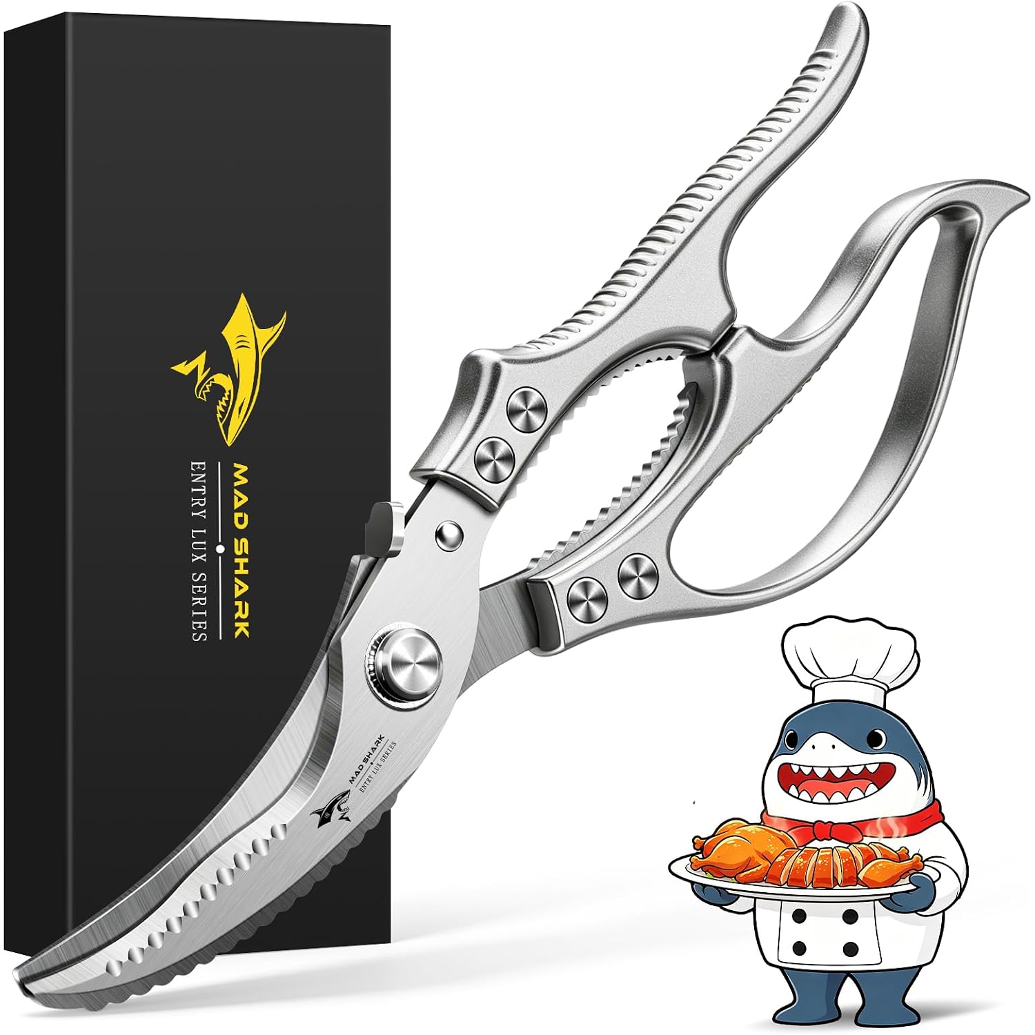 Mad Shark Heavy Duty Poultry Shears, Kitchen Shears With Non-Slip Handle & Safety Lock, All Purpose Kitchen Scissors For Chicken, Meat Cutting, Turkey, Fish, Vegetables, Spring Loaded, Dishwasher Safe
