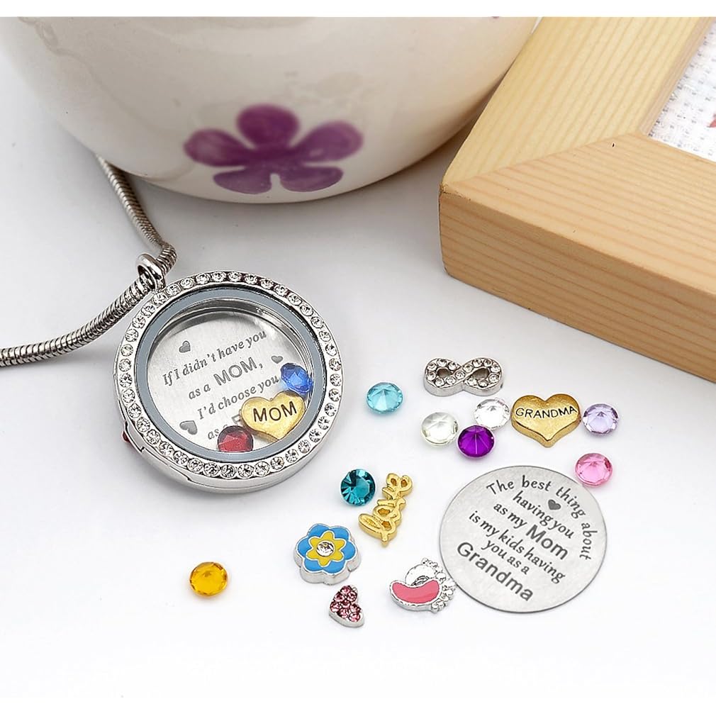 Best Gift Floating Charm Living Memory Lockets with Birthstone, 30mm Stainless Steel Necklace