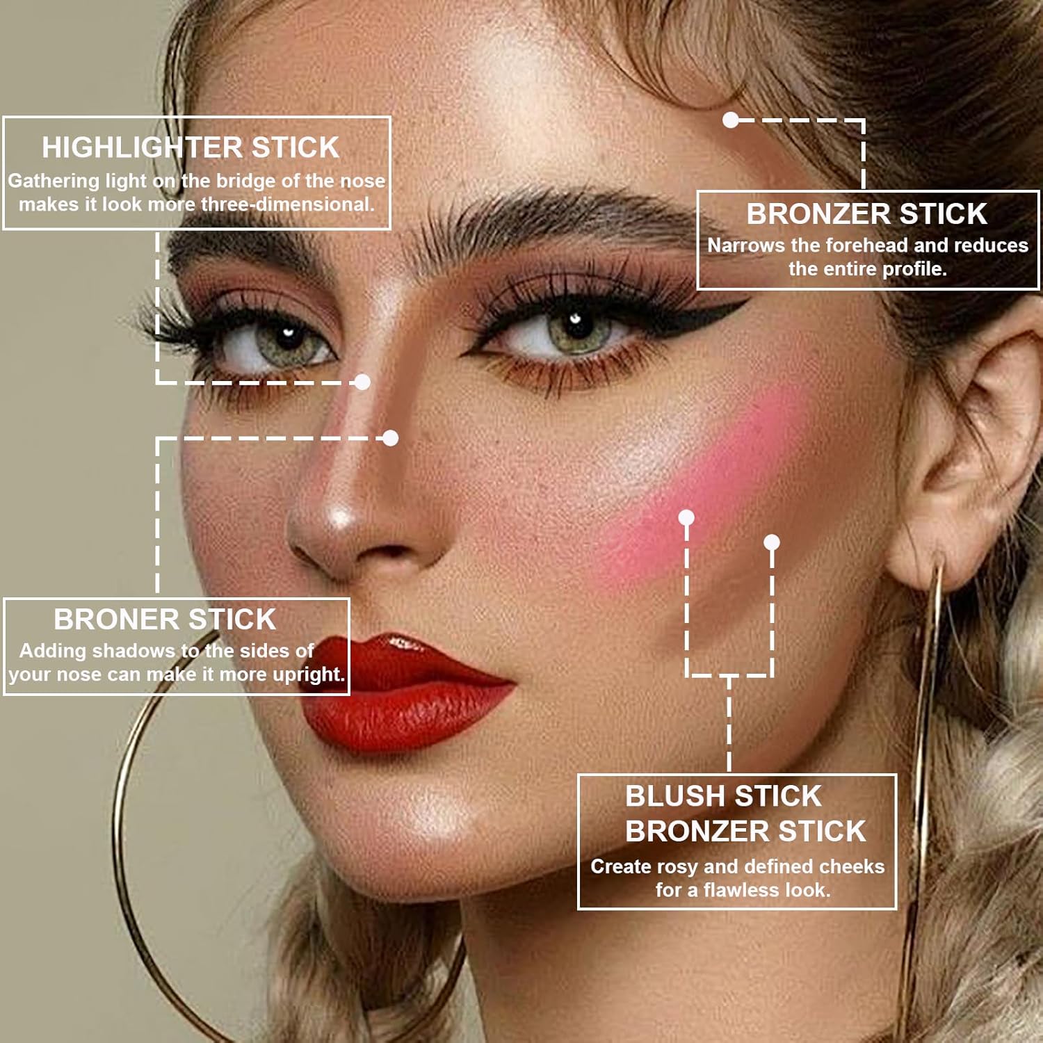 Lezero 3Pcs Contour Stick Makeup Kit, Shades with Highlighter, Blush and Bronzer Stick for Sculpt the Face and All Skin Type, Long Lasting, Smooth, Dewy & Matte Finish, LIGHT MEDIUM
