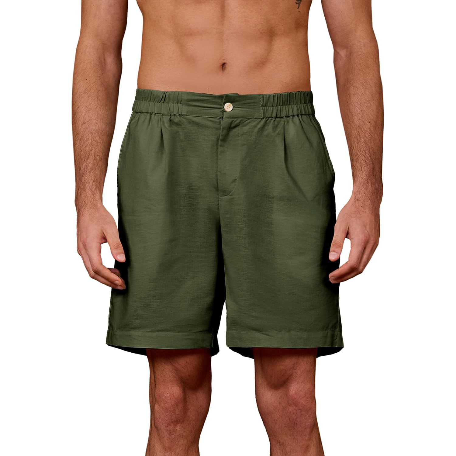 Kallspin Men'S Linen Blend Flat Front Shorts 9" Lightweight Casual Shorts With Elastic Waist And Side Pockets